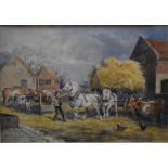 Emily Atkinson (fl 1885-1890) - A farmyard scene with horses pulling a cart of hay, watercolour,