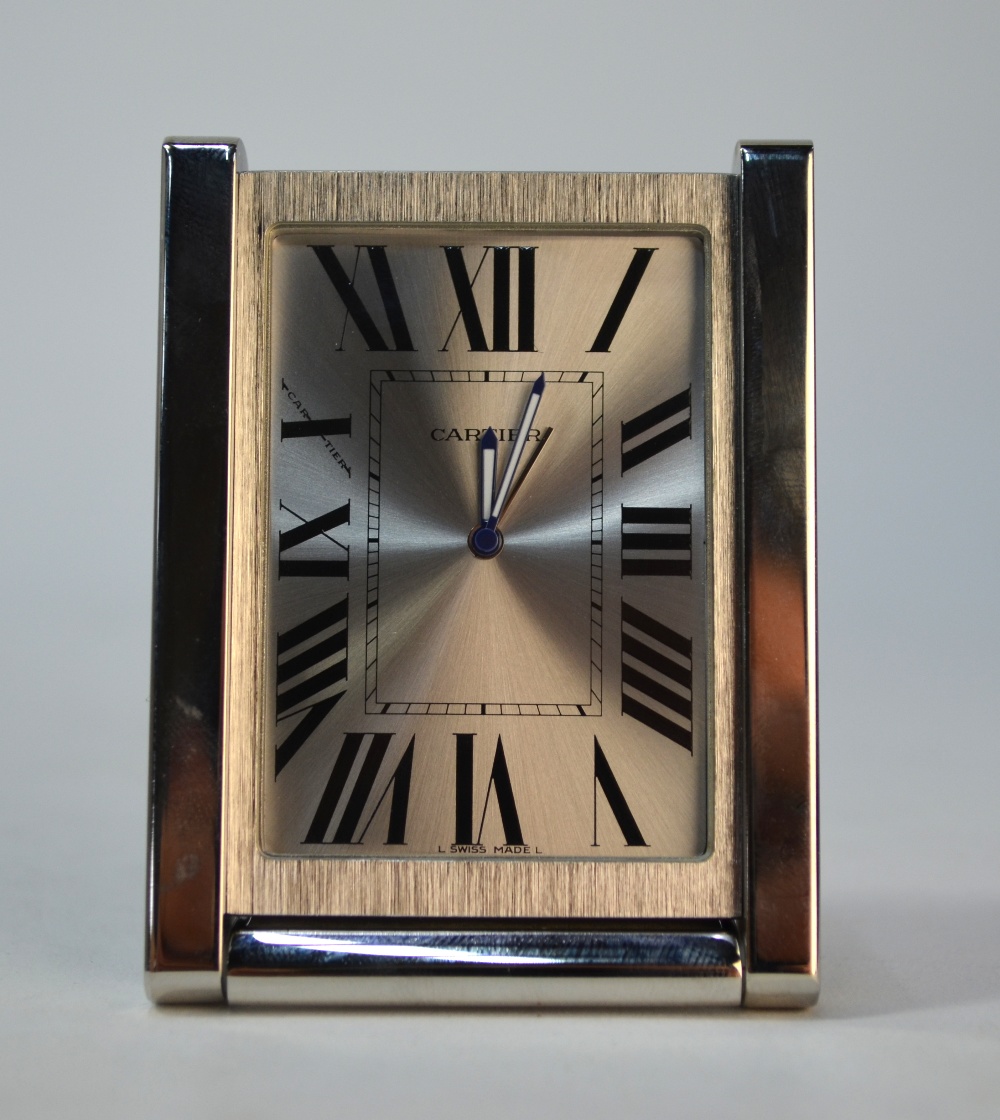 A Cartier stainless steel 'Desk Tank' Travel Clock with quartz movement, in original case with - Image 3 of 7