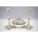 A small Old Sheffield Plate tureen and cover with gadrooned rim and lion-pad feet, to/w a pair of