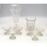 Two trios of Regency glass salts of navette form, pressed glass with cut rims to/w a glass celery
