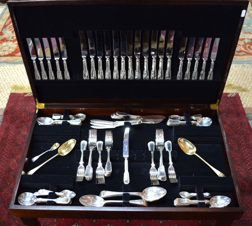 A mahogany canteen table containing an extensive part set of fiddle, thread and bead flatware and - Image 3 of 8