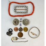 Lot containing various jewellery items including row of antique red coral beads, paste set dress