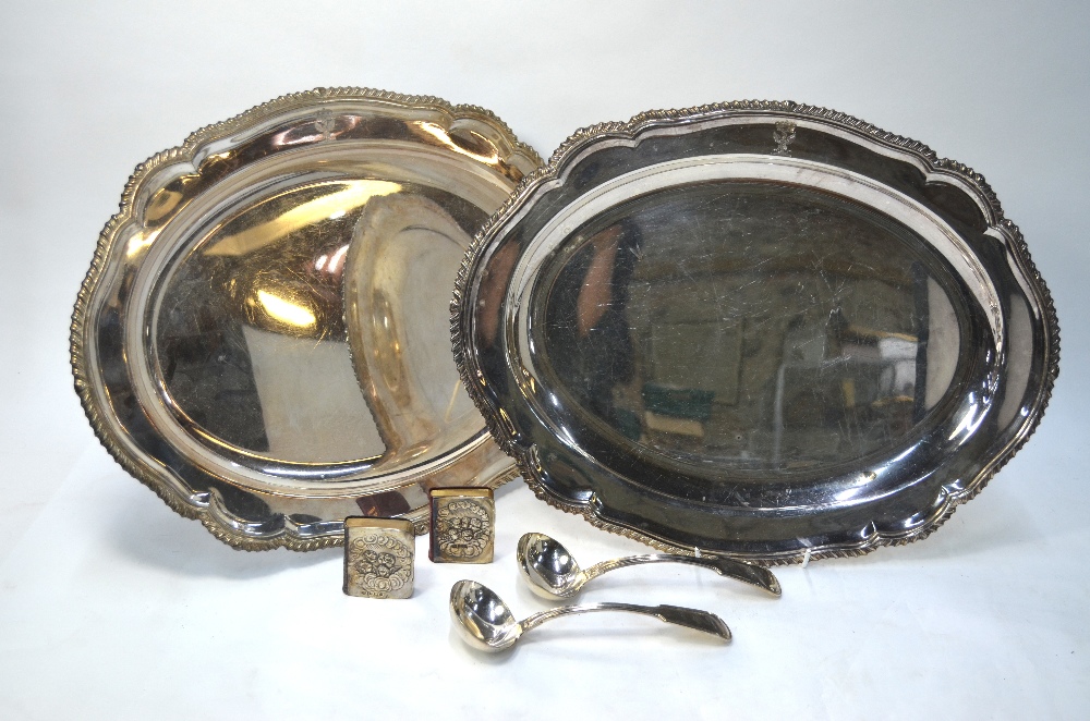 A pair of Old Sheffield Plate oval platters with gadrooned rims, engraved with the coronet of a