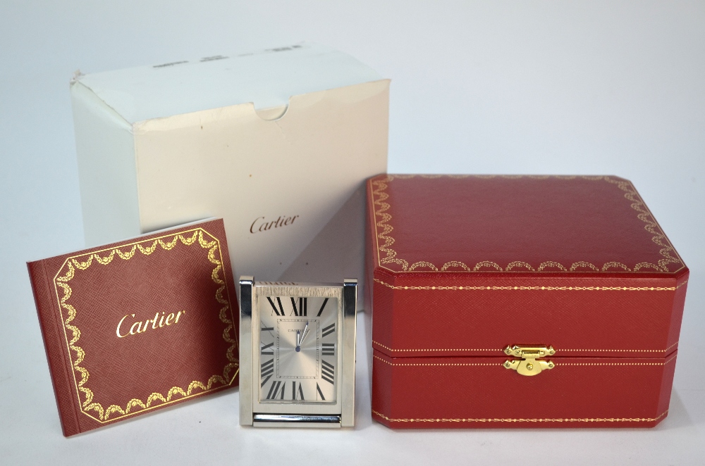 A Cartier stainless steel 'Desk Tank' Travel Clock with quartz movement, in original case with