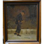 F W ? - Elderly man walking along street holding walking stick, oil on canvas, signed indistinctly