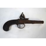 An antique steel flintlock muff pistol with four-stage turn-off barrel 9.8 cm, to engraved action