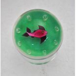 Paul Ysart paperweight - Central lampwork fish surrounded by eight air bubbles, green ground, 'H'