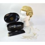 An antique barrister's wig in japanned tin by Ravencroft Law, to/w a black morocco leather wallet