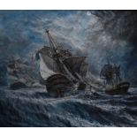 W Bianne - Armada on rough seas, oil on canvas, signed lower right, 59.5 x 69 cm Good condition