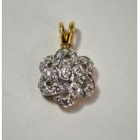 A diamond set flower cluster pendant having brilliant cut diamond with collet setting in centre,