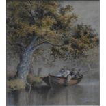 B. Whitmore - Figures on rowing boat on river, moored beneath a tree, watercolour, signed lower