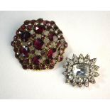 A white paste set cluster brooch to/w rose cut garnet brooch, gilt metal set (repaired with soft