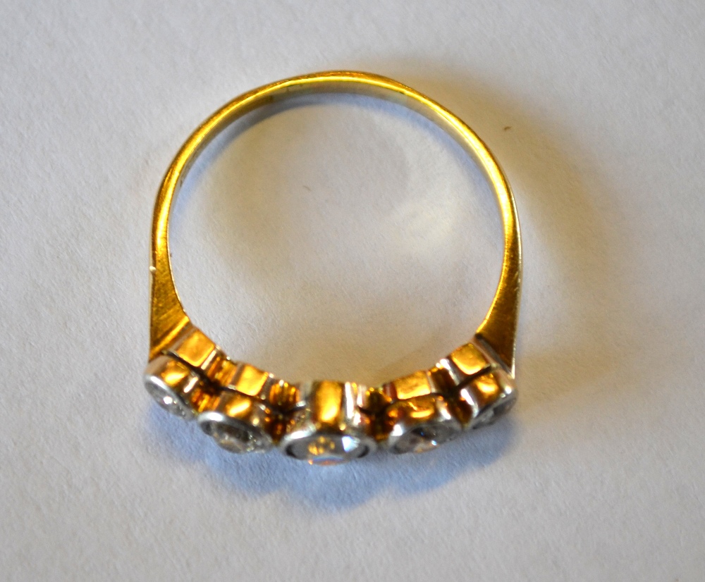 A five stone old cut diamond ring, yellow and white metal collet setting, stamped 18ct, size R, - Image 3 of 4