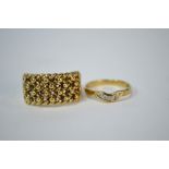 A yellow metal knot ring to/w a 9ct yellow gold diamond set shaped wedding band, size P, approx 8g