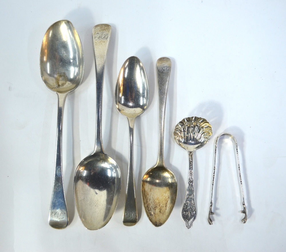 Two pairs of George III silver OEP spoons, a sifter spoon and a pair of sugar tongs, 6.9oz, to/w a - Image 7 of 12