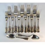 A matched part set of Georgian and William IV silver fiddle and thread flatware, comprising five
