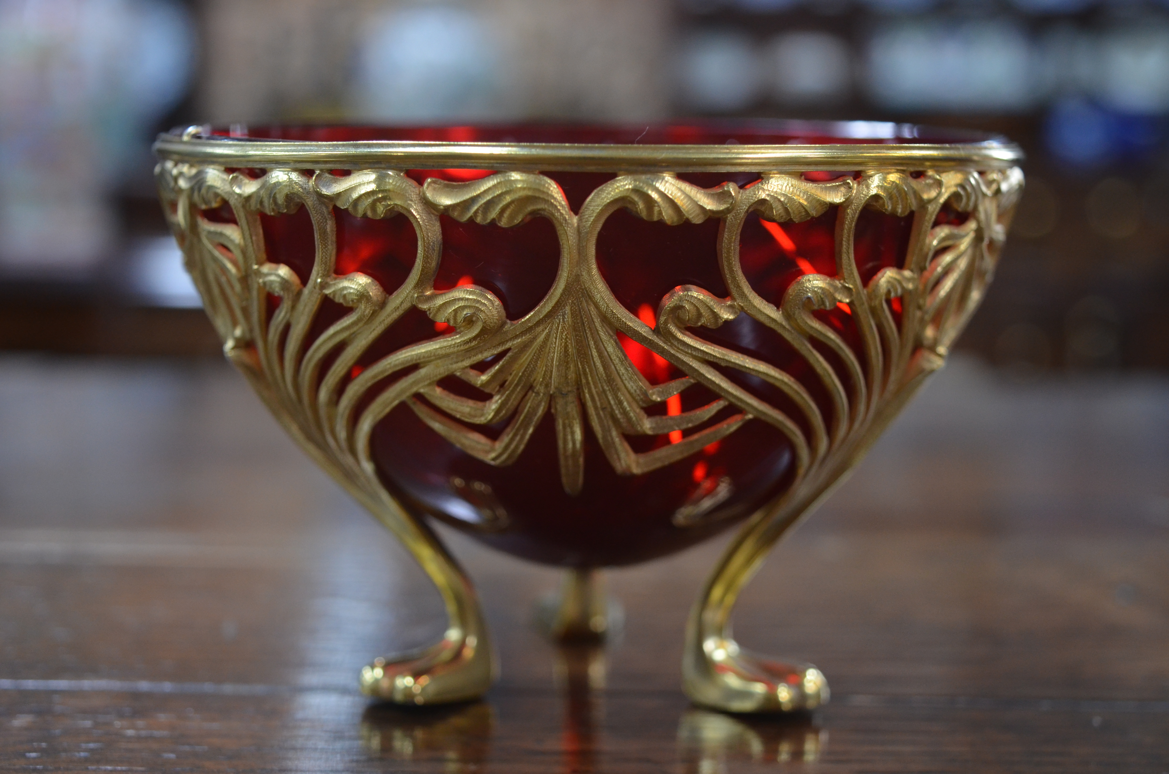 A late 19th century Continental gilt metal Art Nouveau sugar basin with ruby glass liner, with - Image 2 of 3