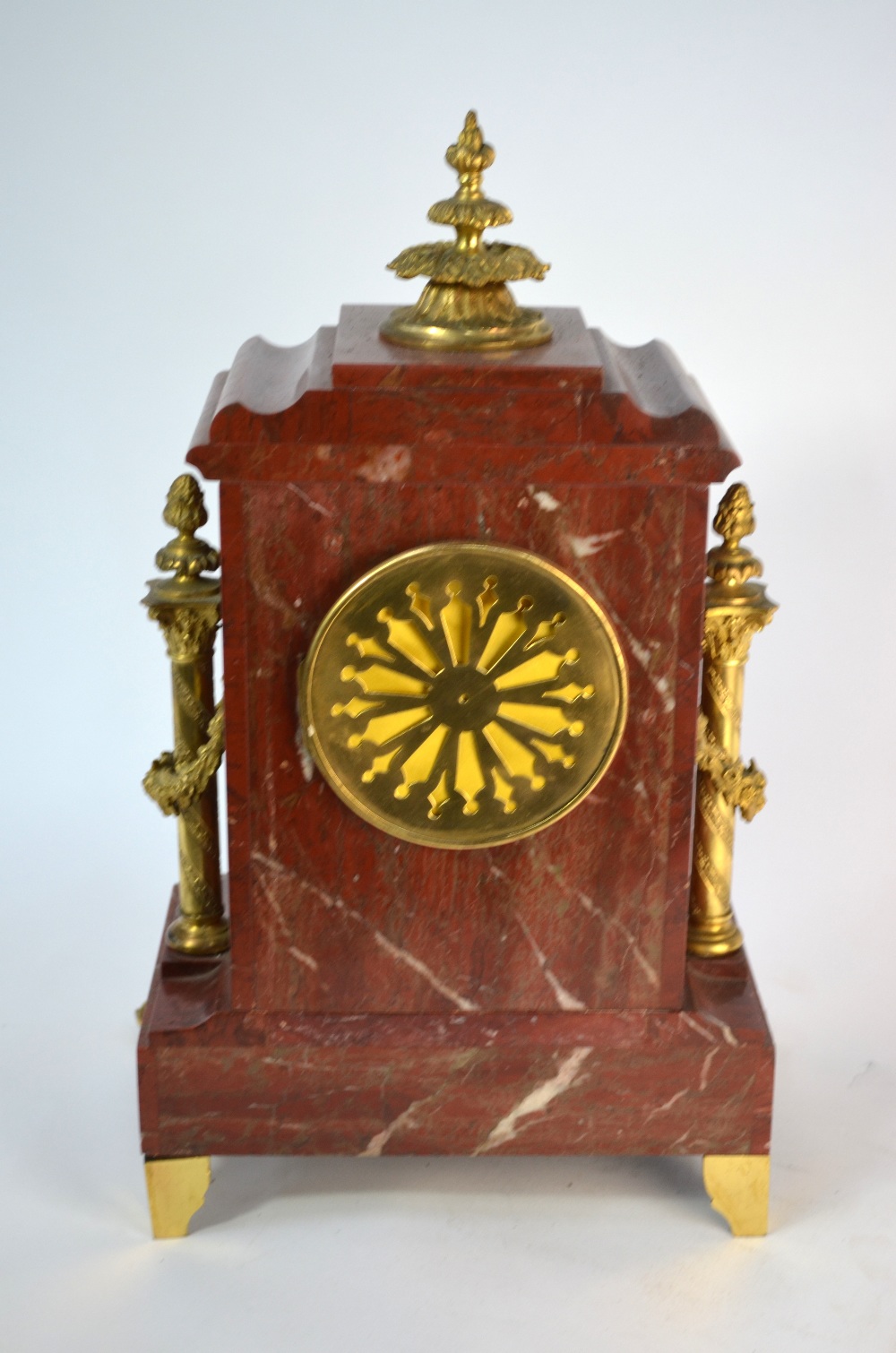A late 19th century gilt bronze mounted rouge veined marble eight-day mantel clock, the two train - Image 8 of 8