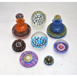 Two glass millefiori ink bottles, 10.5 cm & 12 cm high to/w six millefiori paperweights of varying