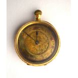 A lady's 18k Swiss fob watch with engraved dial and foliate-chased case Lacks hanger-ring; dial