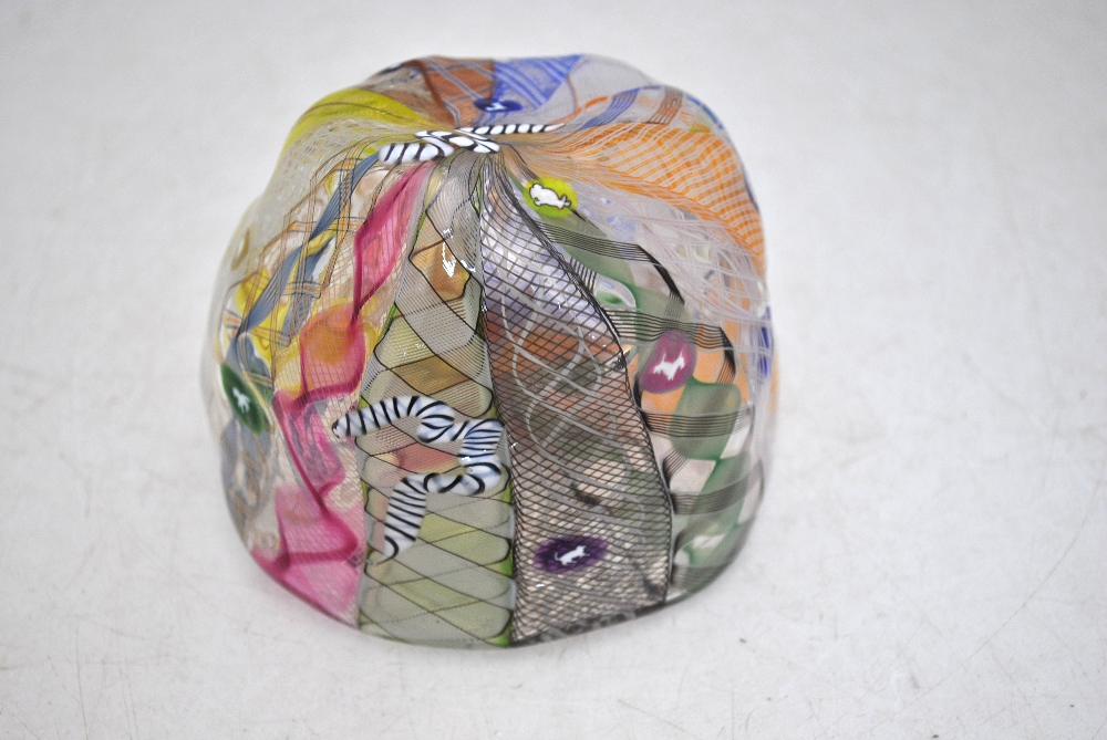 A faceted glass paperweight decorated with a central butterfly cane and concentric bands of canes in - Image 7 of 8
