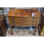 A figured mahogany canteen table with three fitted drawers, containing a part set of electroplated