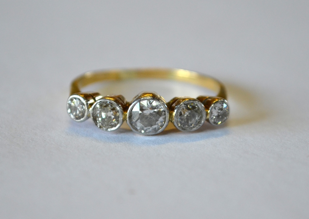 A five stone old cut diamond ring, yellow and white metal collet setting, stamped 18ct, size R, - Image 2 of 4