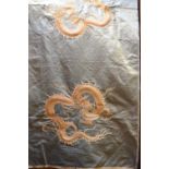 A Chinese pale grey silk panel embroidered with two dragons, an early 1900s Indian linen throw