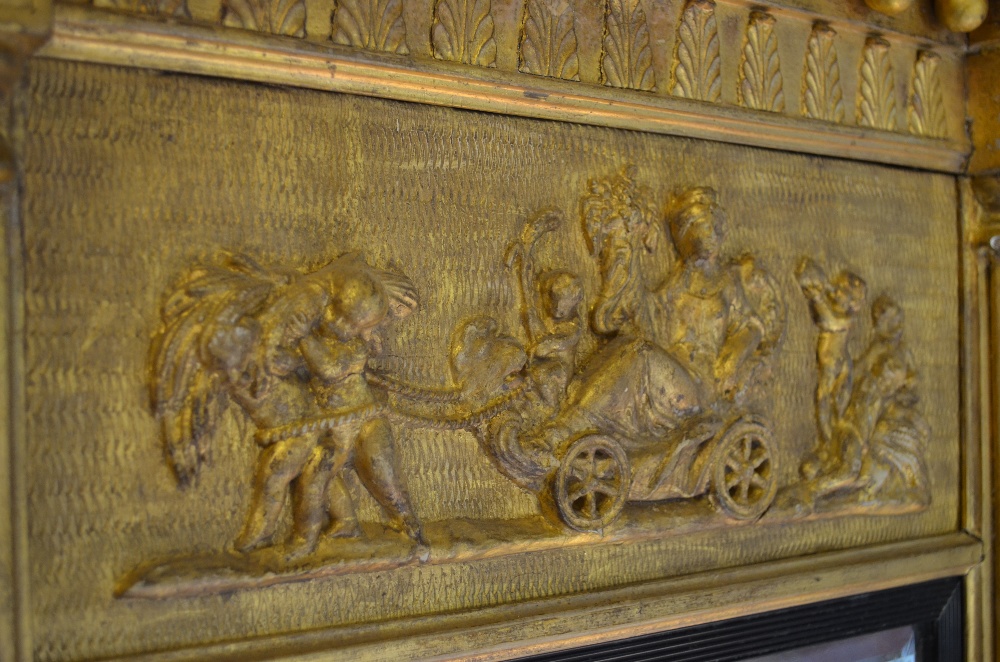 A Regency carved gilt wood and gesso framed pier glass with relief frieze cherub and chenet, 87 x 57 - Image 4 of 5