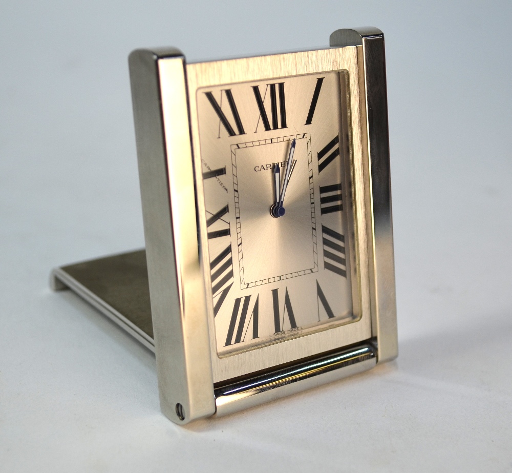 A Cartier stainless steel 'Desk Tank' Travel Clock with quartz movement, in original case with - Image 2 of 7