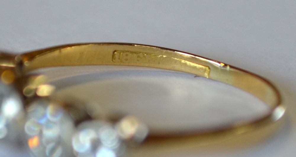 A five stone old cut diamond ring, yellow and white metal collet setting, stamped 18ct, size R, - Image 4 of 4