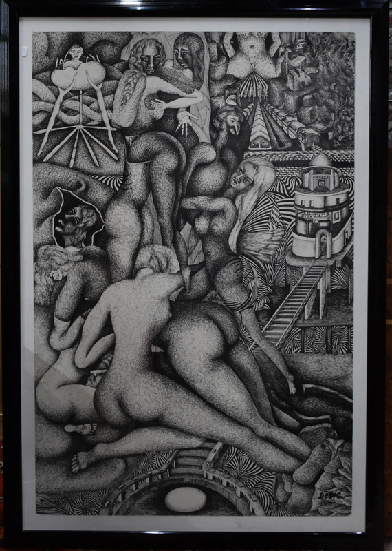 Dedic - Surrealist abstract, pen and ink, signed lower right, 120 x 79 cm to/w preparatory sketch - Image 4 of 4