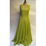 A 1940s lime green cotton embroidery angliase full-length dress with satin underslip, 45 cm across