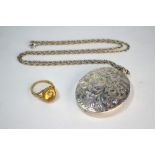 A silver engraved hinged locket on chain to/w pale citrine ring in 9ct yellow gold setting (2)