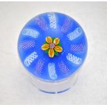 Paul Ysart paperweight - A yellow lampwork flower within a latticino blue and white spiral twelve