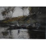 John Linfield (b 1930) - Rowers on a river, pastel, signed lower left, 17 x 24 cm