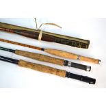 A split cane fly rod by J J S Walker, Brampton & Co, Alnwick, 286 cm to/w another split cane rod,