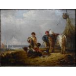 Edward Robert Smythe (1810-1899) - Fisher folk on beach with horses, oil on canvas, 15 x 19 cm