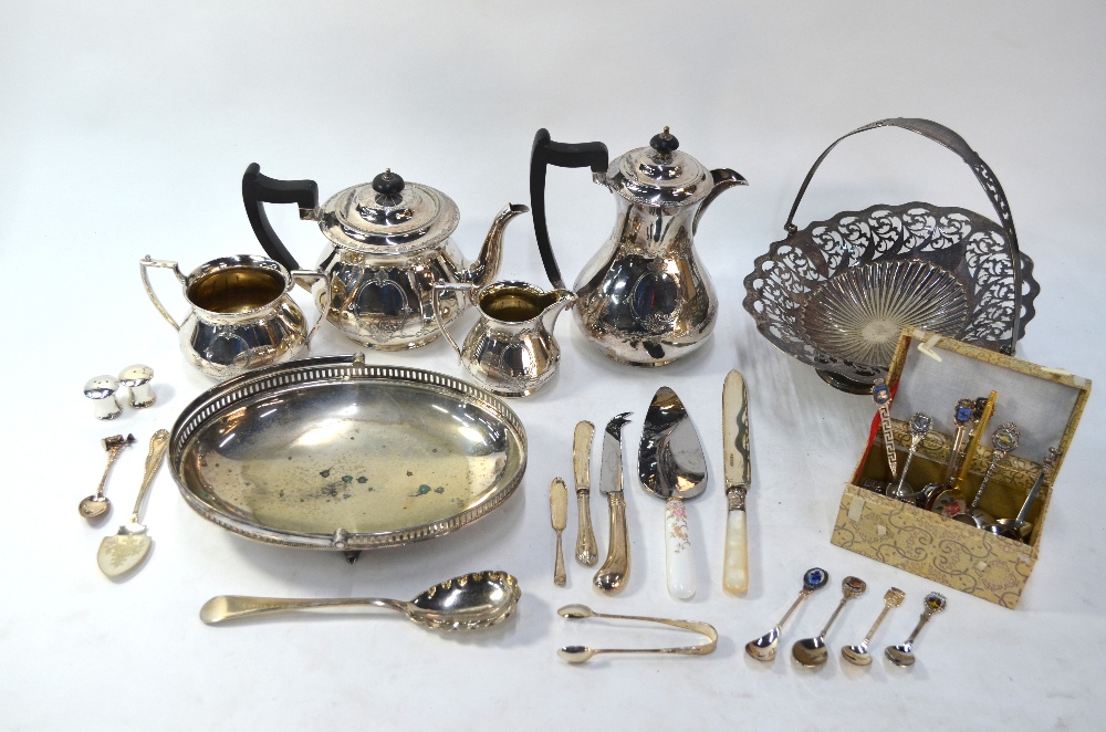 An electroplated four-piece tea service, to/w two oval fruit baskets, souvenir spoons, etc. (box)