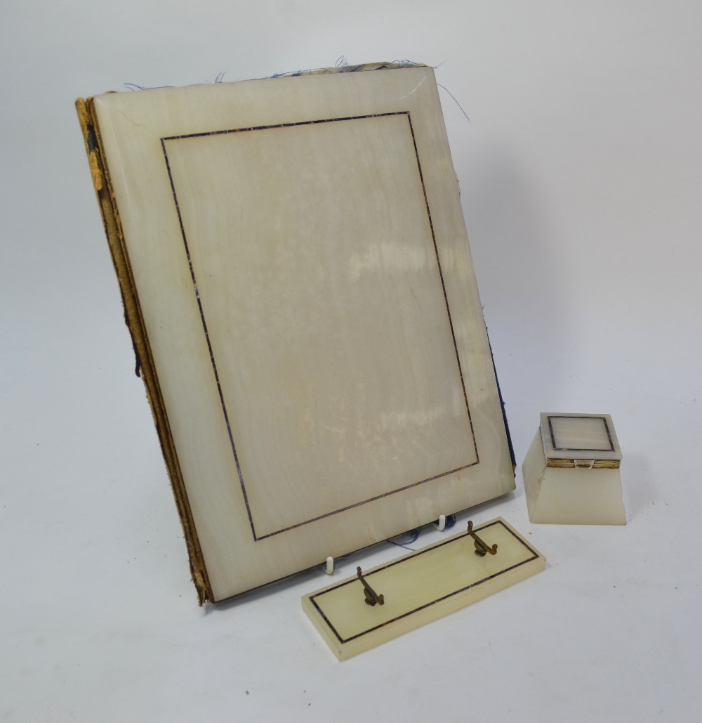 An Aspreys Art Deco white onyx desk-set, inlaid with lapis stringing and with silver gilt mounts, - Image 2 of 6