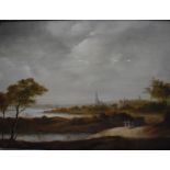 Continental school - An 18th century landscape with coach on lane, distant church and windmill,