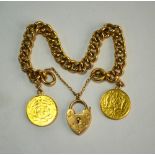 A yellow metal curb bracelet with padlock and safety chain, having Leopold III 1870 and one other