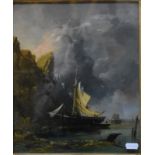 Edmund Niemann (1813-76) - A fishing boat in a bay, oil on canvas, signed lower left, 29 x 24.5 cm