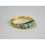 An 18ct yellow gold five stone ring set three turquoise and two old cut diamonds in claw setting,