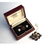A pair of diamond cluster stud earrings for pierced ears, to/w a garnet set cluster and crescent