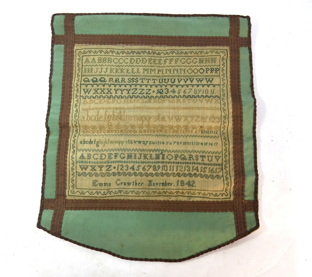 A Victorian alphabet sampler by Emma Crowther, 1842, 31 cm square, unframed and mounted on a green