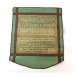 A Victorian alphabet sampler by Emma Crowther, 1842, 31 cm square, unframed and mounted on a green