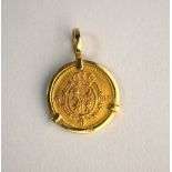 A Spanish 1/2 Escudo gold coin dated 1817 in spectacle style mount stamped 14K, approx 2.6g all in