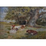 F Wright - Cows resting beneath a tree, watercolour, signed and dated '89, 53 x 75 cm
