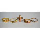 Five yellow gold rings including Mizpah set white paste, etc, approx 10g all in (5) 9ct - 8.1g all